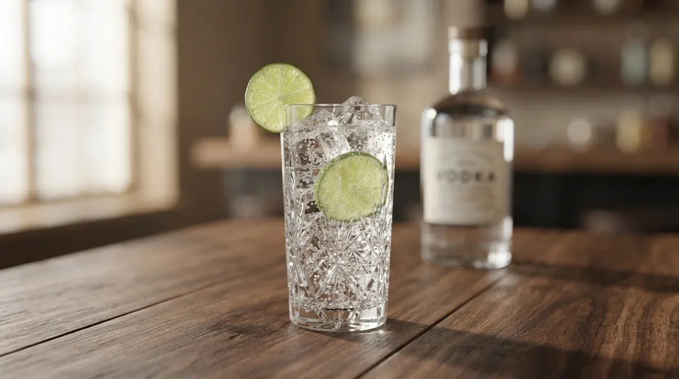 Cóctel tradicional de chuflay de singani con ginger ale y limón servido en un vaso largo con cubitos de hielo.
