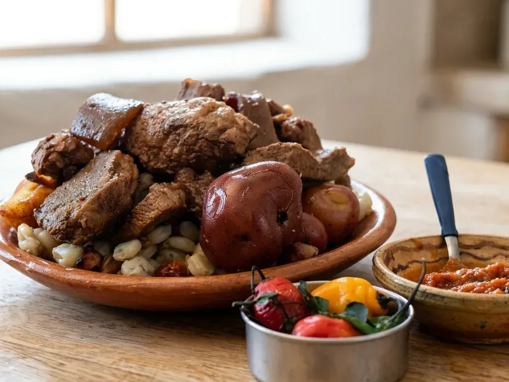 Chicharrón de cerdo boliviano | Chicharrón de cerdo servido con mote y papa cocida en plato llano