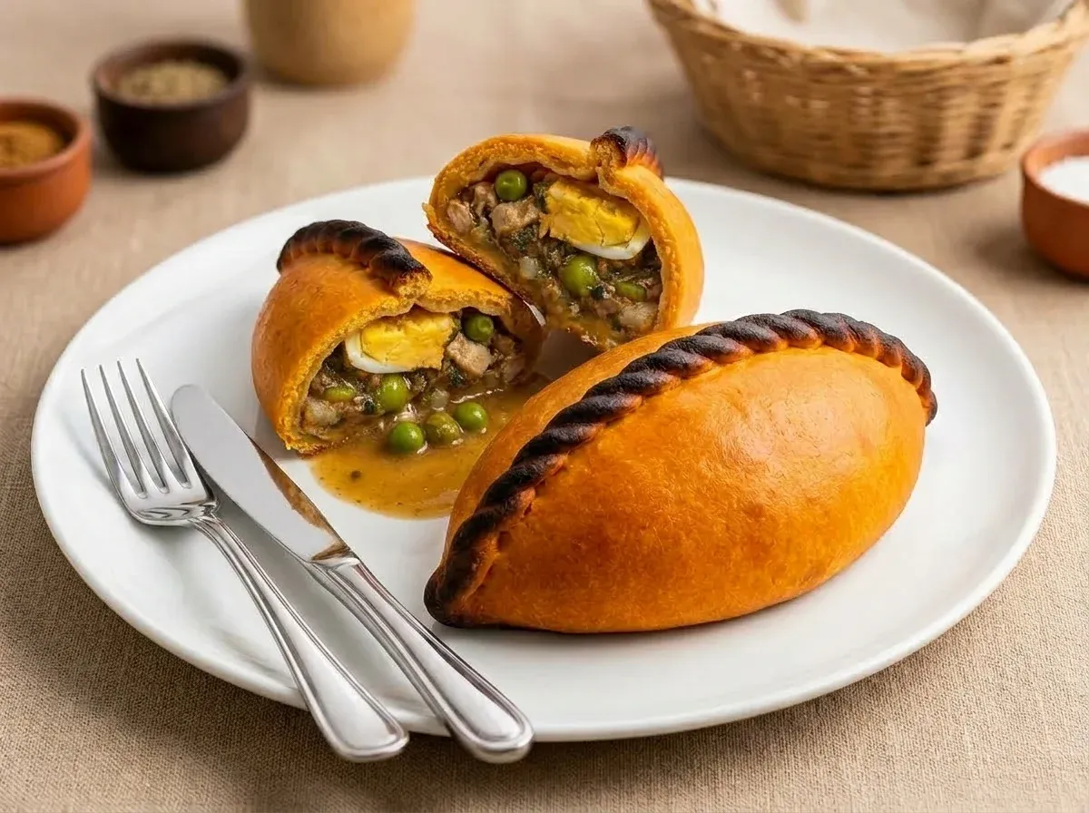 Salteñas horneadas en un plato blanco, una partida por la mitad mostrando el relleno