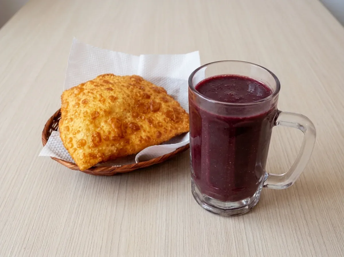 Vaso de api morado junto a un pastel frito, sobre una mesa de madera clara