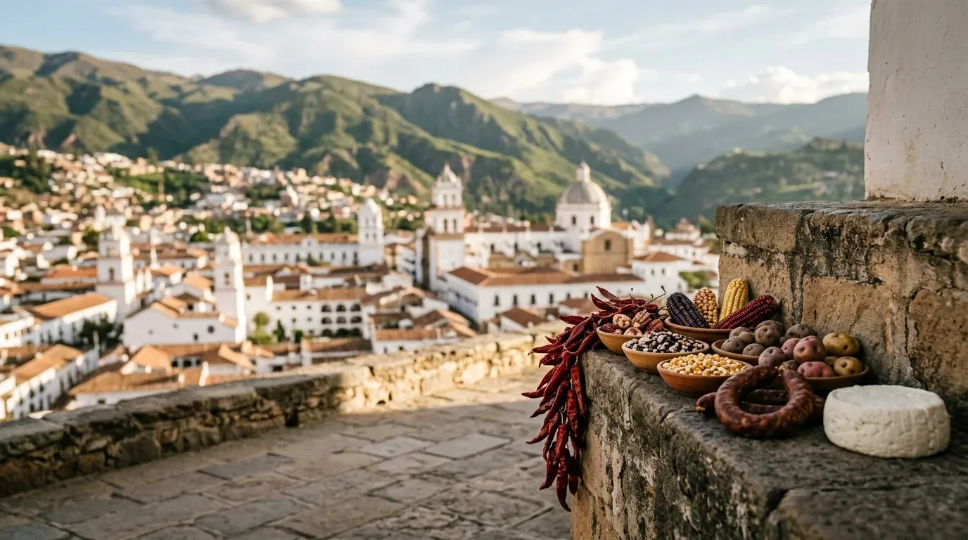 Ajíes secos en ristra, maíz de colores, papas, chorizo y queso fresco sobre un muro de piedra, con Sucre blanca y los cerros del valle al fondo