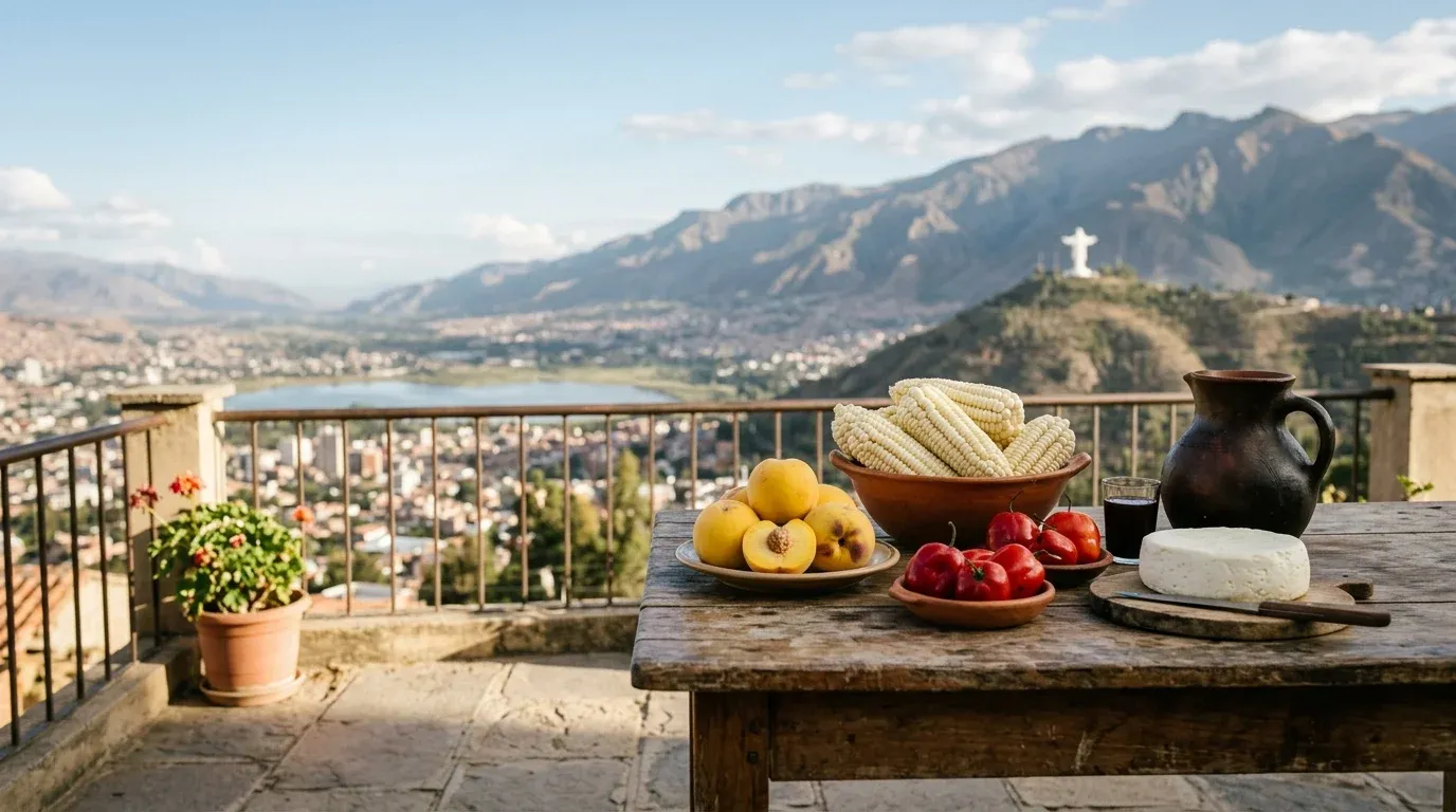 Choclos, duraznos, locotos, queso fresco y un cántaro de barro sobre una mesa de madera, con el valle de Cochabamba, la laguna Alalay y el Cristo de la Concordia al fondo