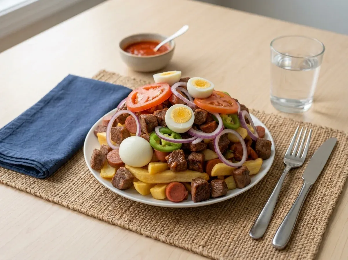 Plato de pique macho con carne, papas fritas, tomate, cebolla morada y huevo duro