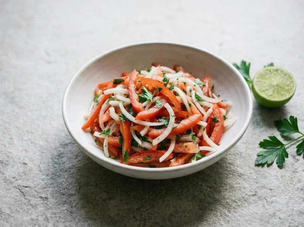 Ensalada criolla de tomate y cebolla en juliana con perejil y medio limón al lado