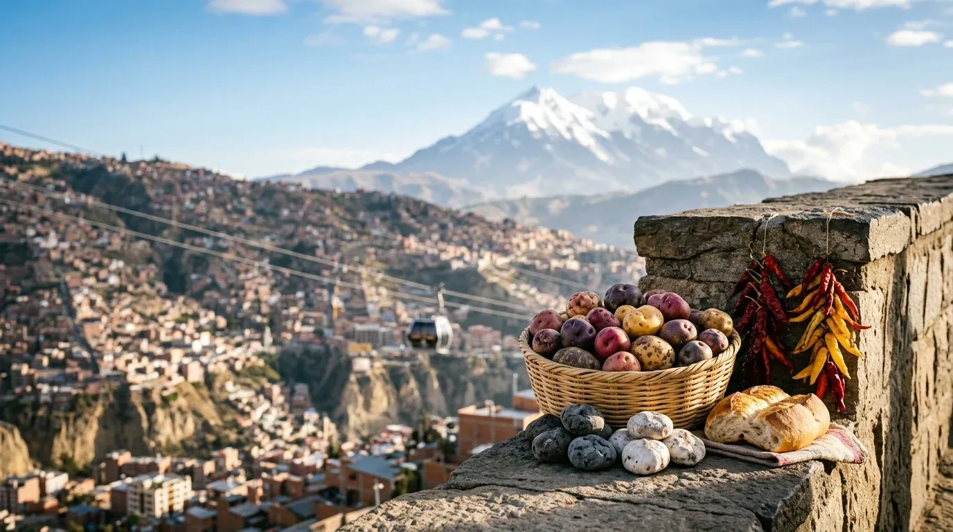 Canasta de papas nativas de colores, chuño, tunta y ajíes secos sobre un muro de piedra, con La Paz en su hoyada, una cabina del teleférico y el Illimani nevado al fondo