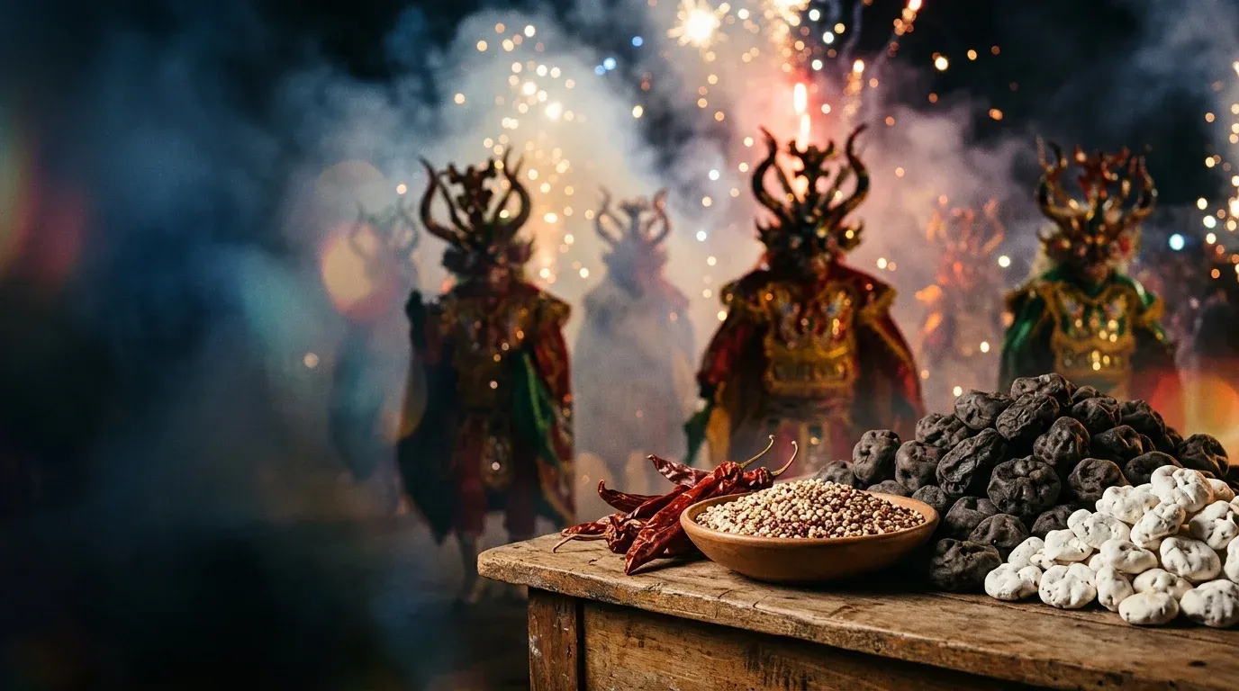 Chuño, tunta, quinua y ajíes secos sobre un mostrador de madera, con danzantes de la Diablada del Carnaval de Oruro desenfocados al fondo