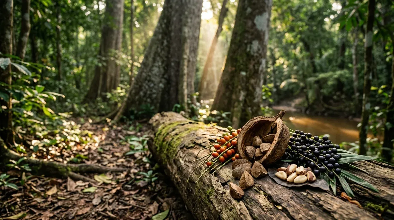 Una vaina de castaña abierta con sus nueces, junto a frutos de majo y asaí, sobre un tronco caído en la selva de Pando