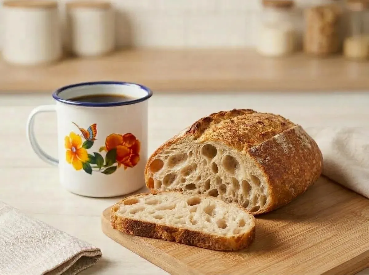 Pan de corteza dorada partido sobre una tabla de madera, junto a un jarro de café