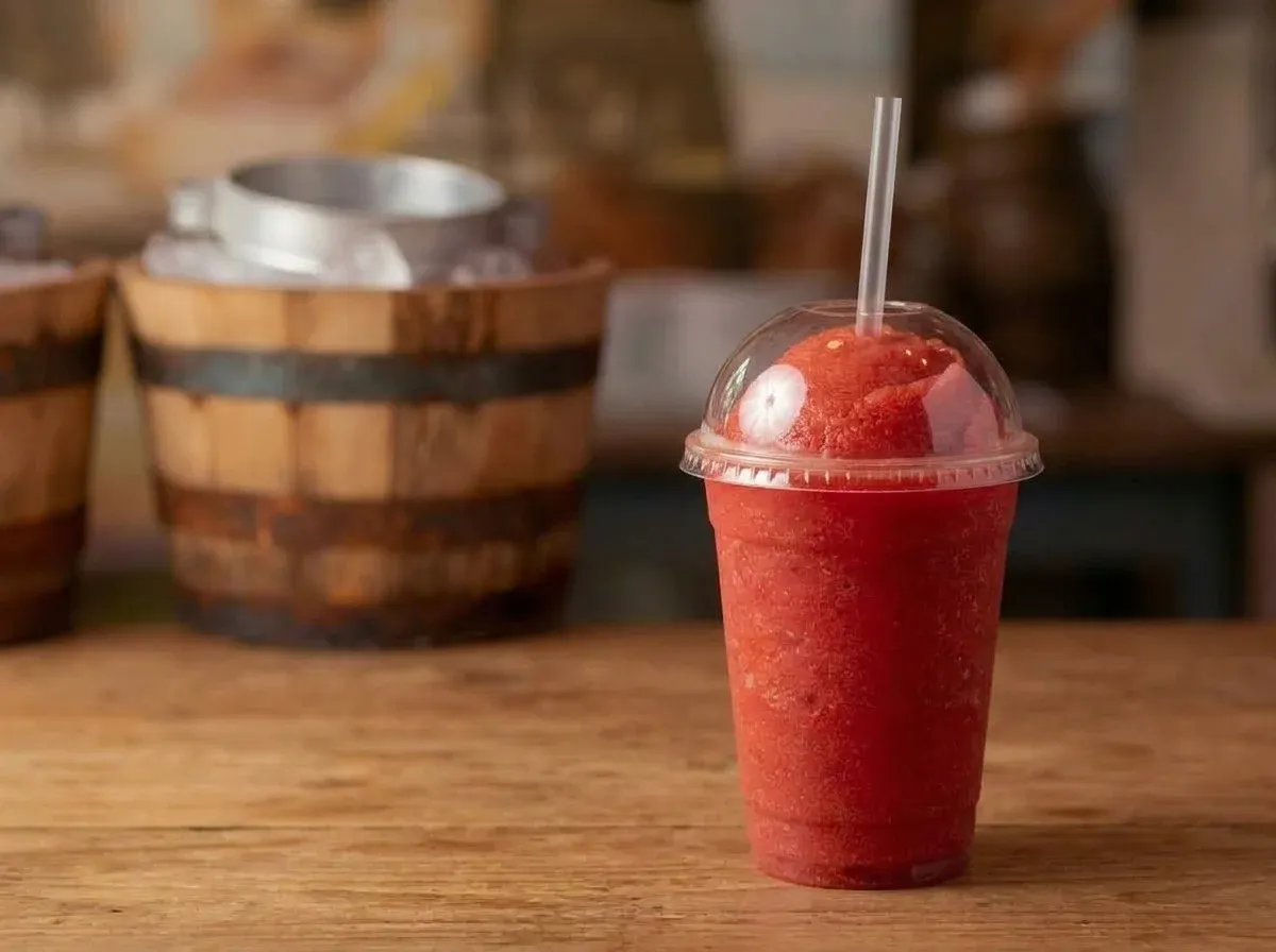 Refresco helado de frutilla servido en vaso, en un puesto de mercado