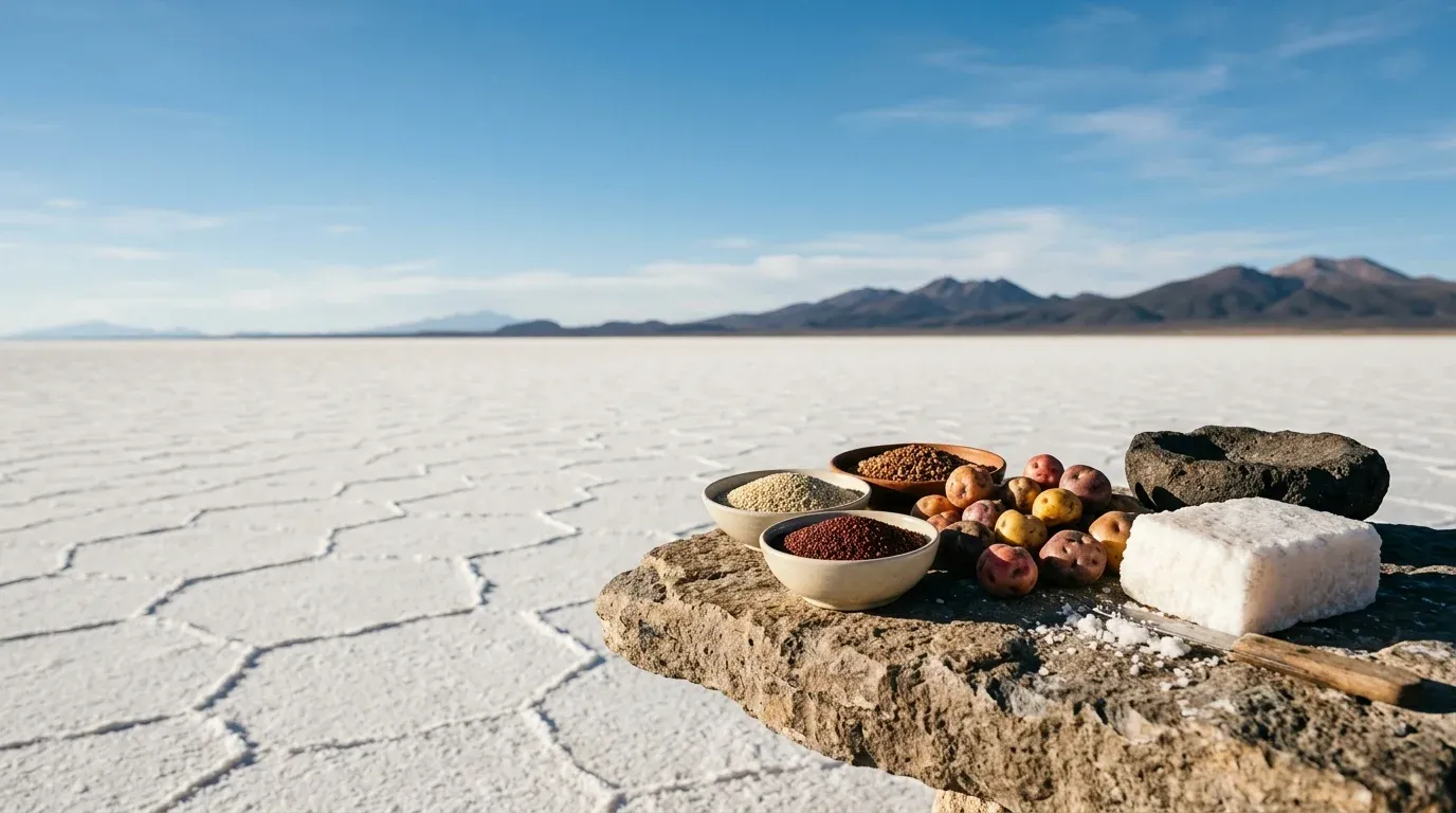 Cuencos de quinua real, papas nativas, un bloque de sal y una piedra volcánica sobre una losa, en el salar de Uyuni
