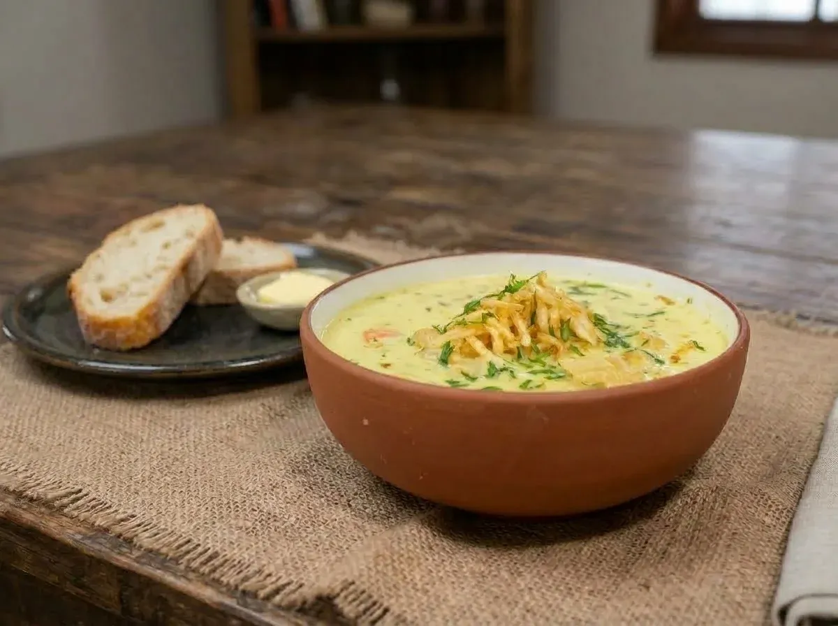 Sopa cremosa servida en un cuenco de barro, con pan y mantequilla al lado