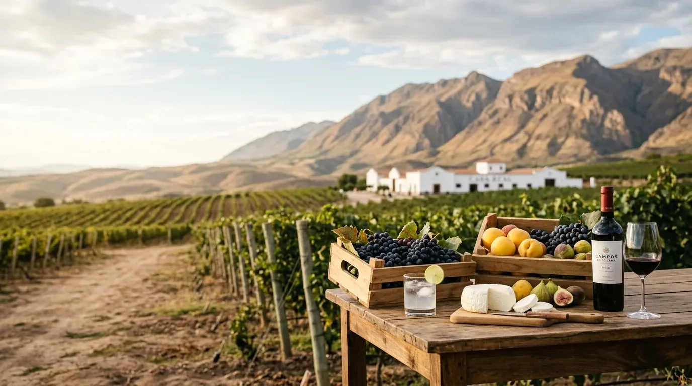 Cajones de uva, duraznos e higos, queso fresco y vino sobre una mesa al borde de un viñedo, con la bodega y los cerros de Tarija al fondo
