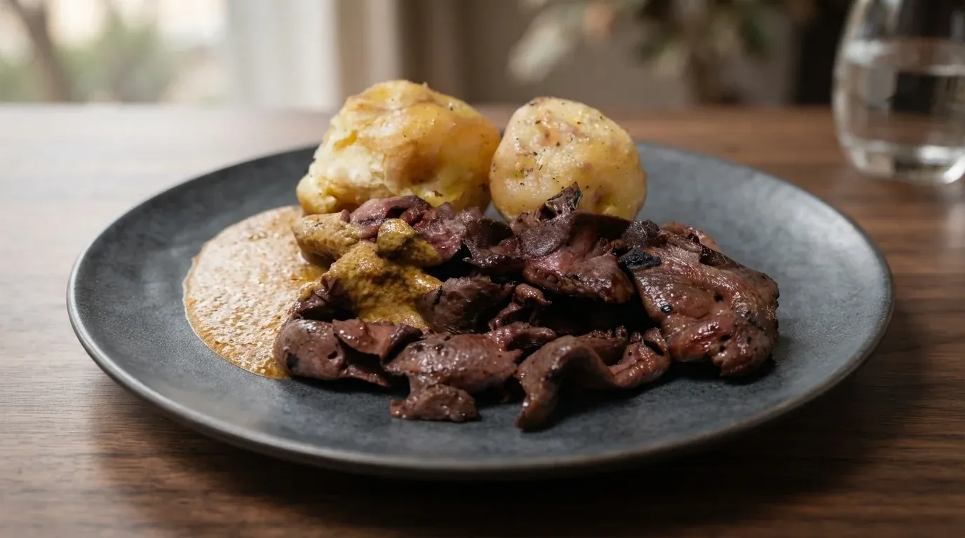Plato nocturno de anticuchos bolivianos sazonados con ají amarillo acompañados de papas cocidas y salsa de maní picante.