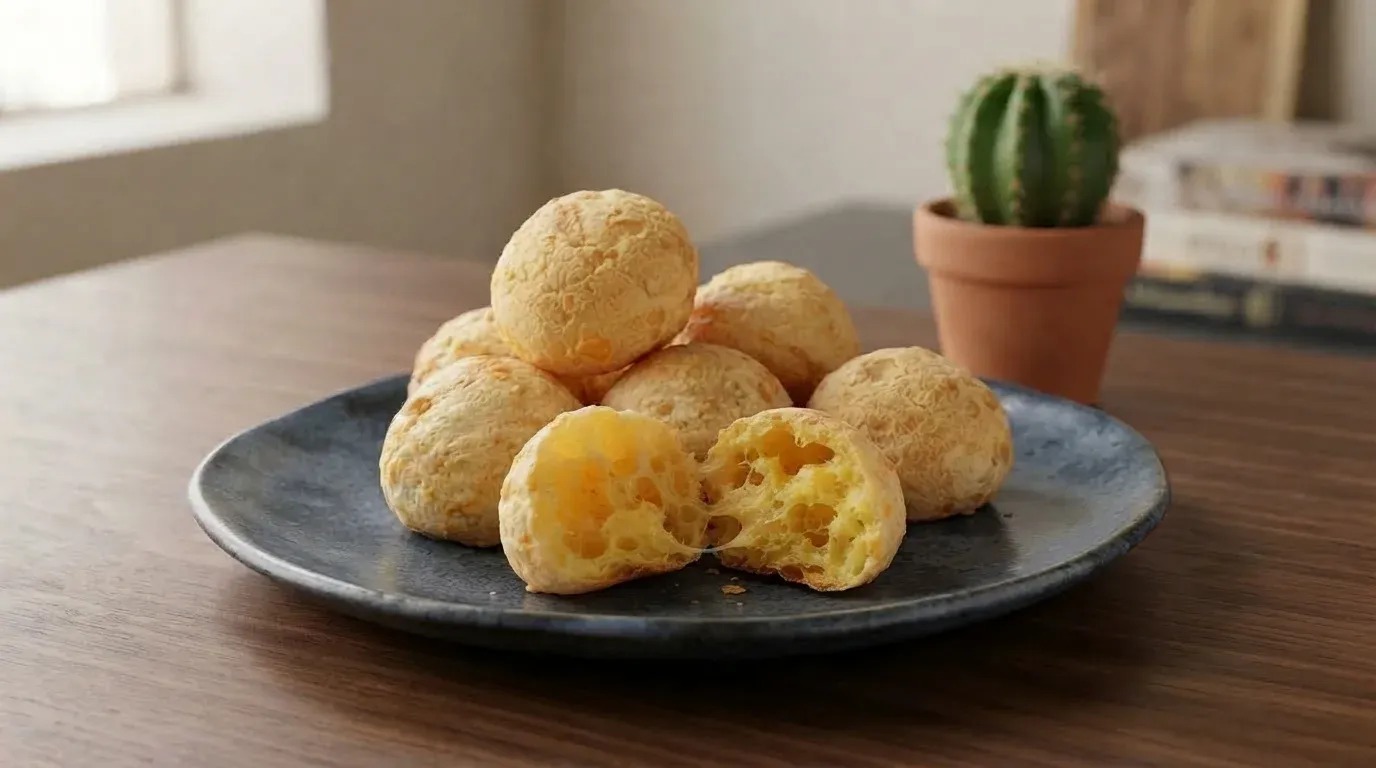 Panecillos tradicionales de cuñapé crujiente de almidón de yuca y queso criollo servidos en una bandeja de madera