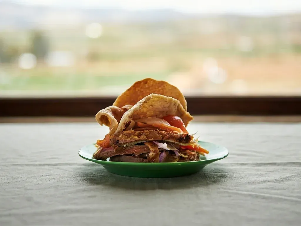 Sándwich de chola paceño tradicional con pierna de cerdo, cuero crocante, escabeche de cebolla y zanahoria, y salsa de ají amarillo.