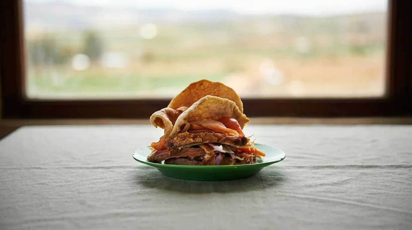 Sándwich de chola paceño tradicional con pierna de cerdo, cuero crocante, escabeche de cebolla y zanahoria, y salsa de ají amarillo.