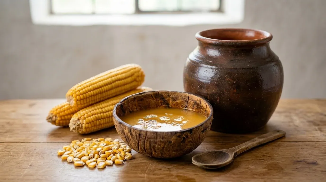 • Bebida típica de chicha de maíz cochabambina servida en una k'oppo de barro para la fiesta de la Virgen de Urkupiña.