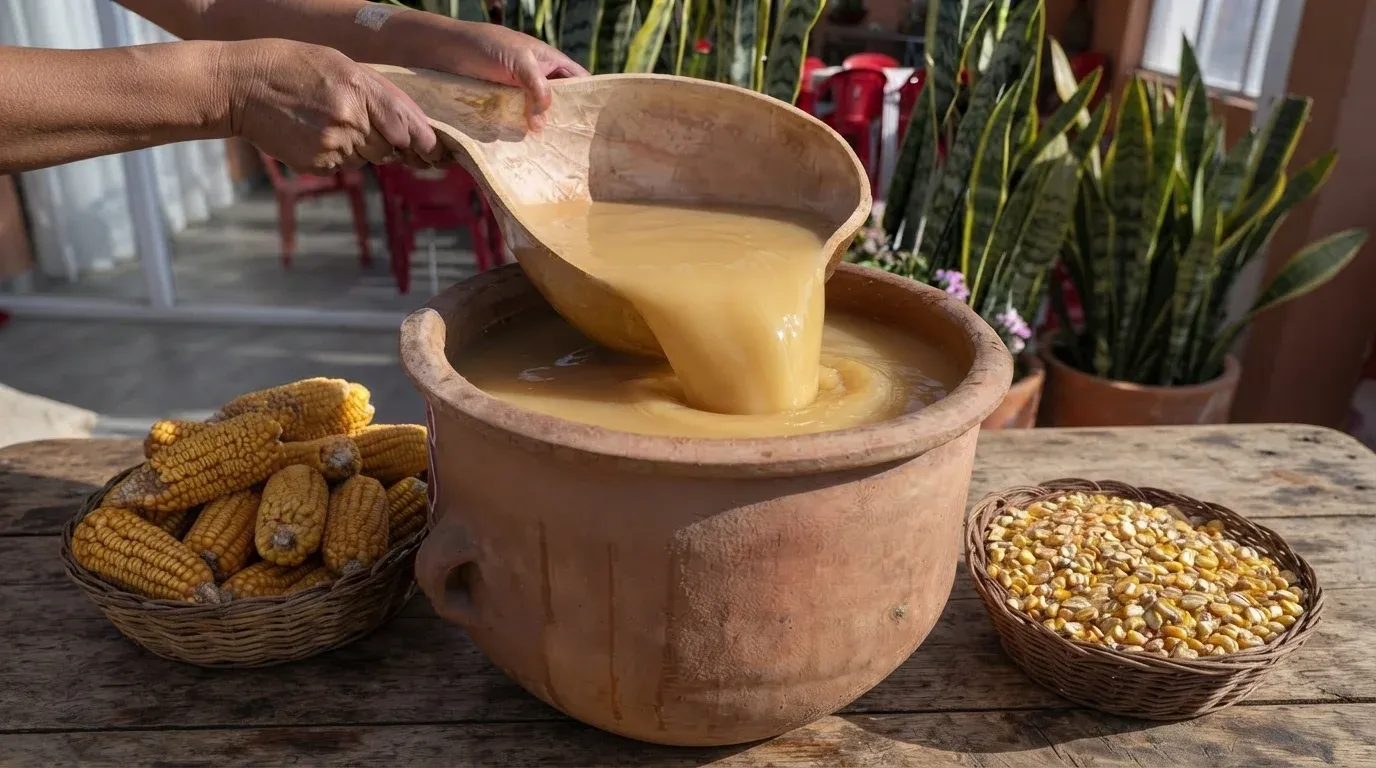 Proceso artesanal de la receta de chicha de maíz boliviana fermentada paso a paso al estilo del valle.