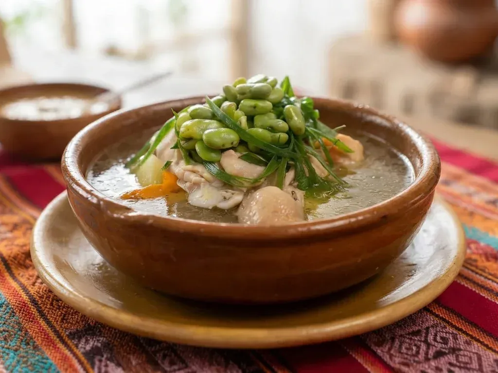 Caldo reconfortante de changa de pollo de Cochabamba con papas, habitas tiernas y cebollita verde picada encima.