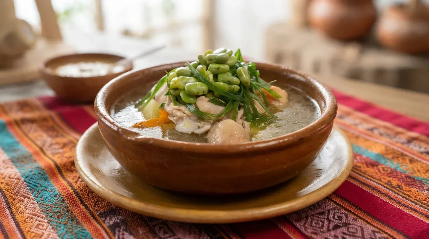 Caldo reconfortante de changa de pollo de Cochabamba con papas, habitas tiernas y cebollita verde picada encima.