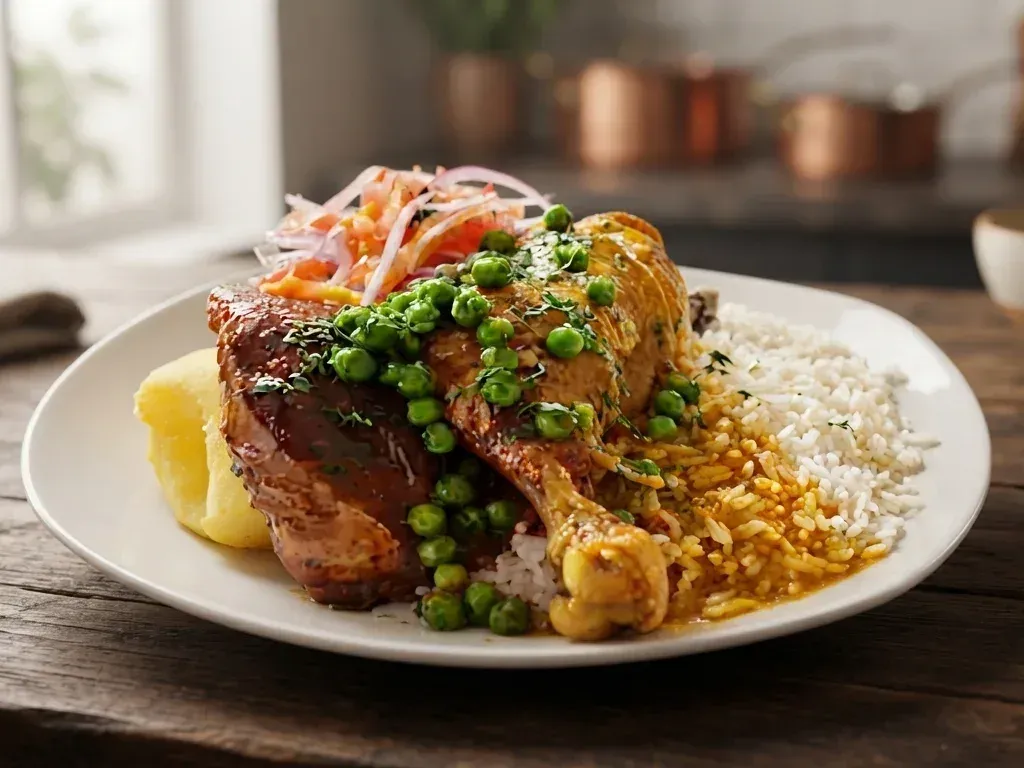 Presa de picante de pollo boliviano con ají rojo paceño, papa cocida y ensalada criolla encima.