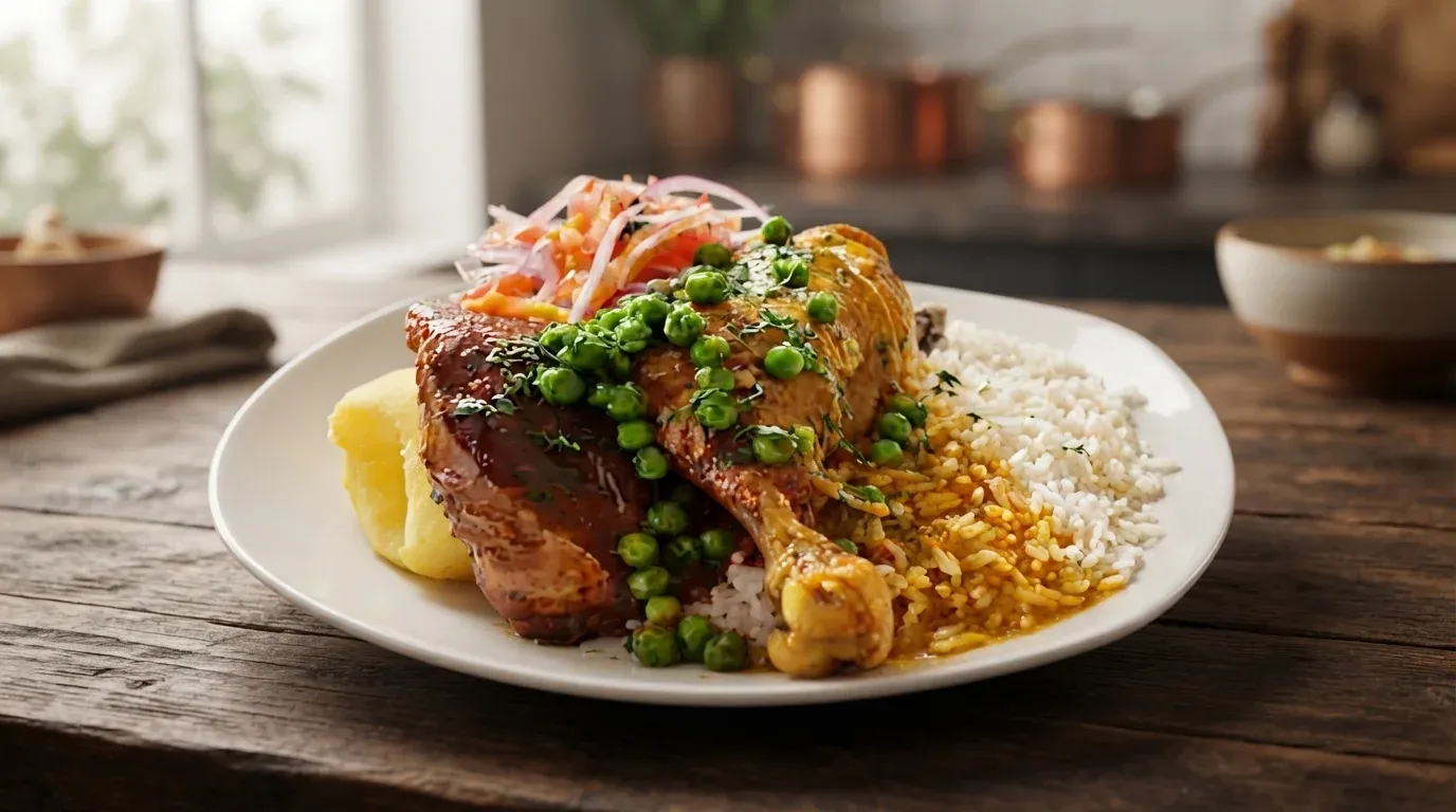 Presa de picante de pollo boliviano con ají rojo paceño, papa cocida y ensalada criolla encima.