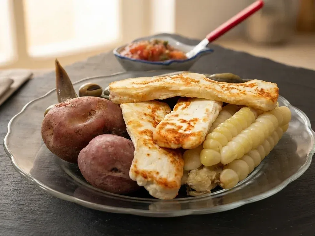 Almuerzo típico de plato paceño original de La Paz con queso criollo dorado, choclo tierno y llajua.