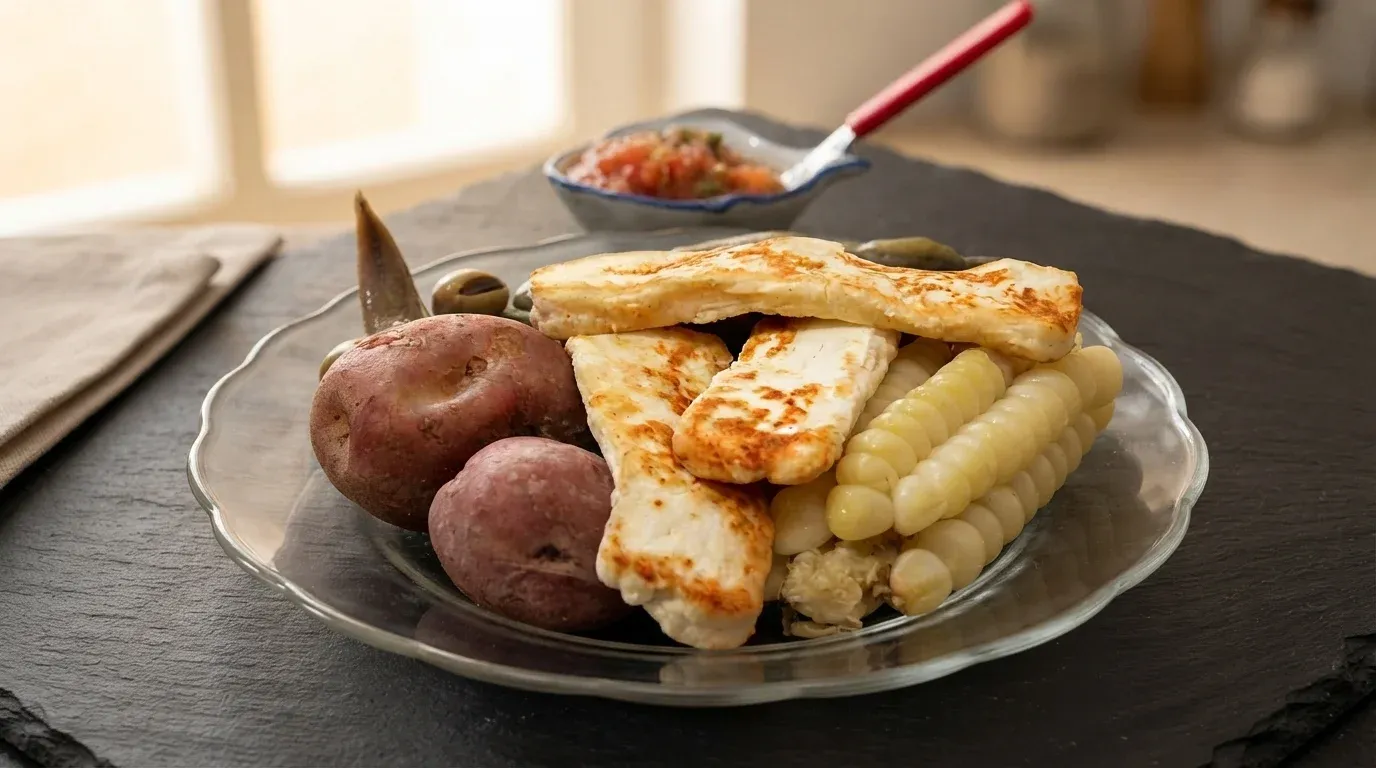 Almuerzo típico de plato paceño original de La Paz con queso criollo dorado, choclo tierno y llajua.