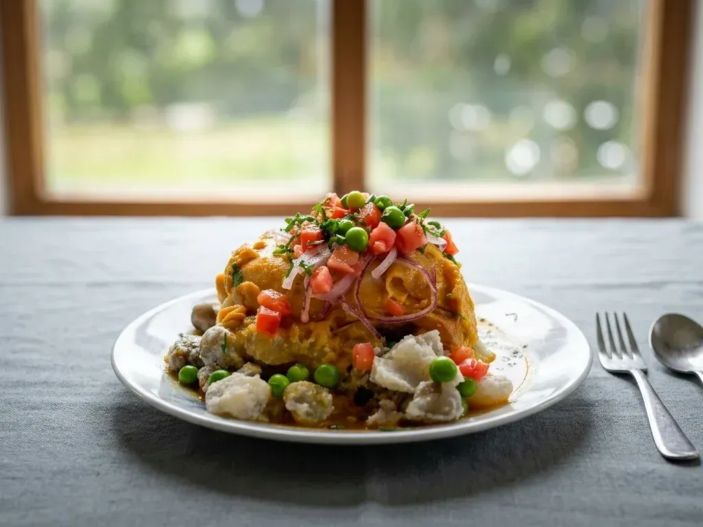 Sajta de pollo boliviana tradicional con tunta puti con queso, papas cocidas y sarza de cebolla y tomate.