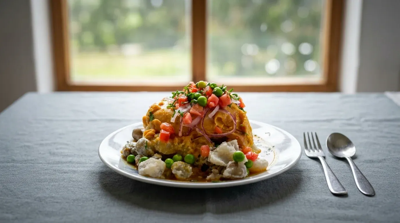 Sajta de pollo boliviana tradicional con tunta puti con queso, papas cocidas y sarza de cebolla y tomate.