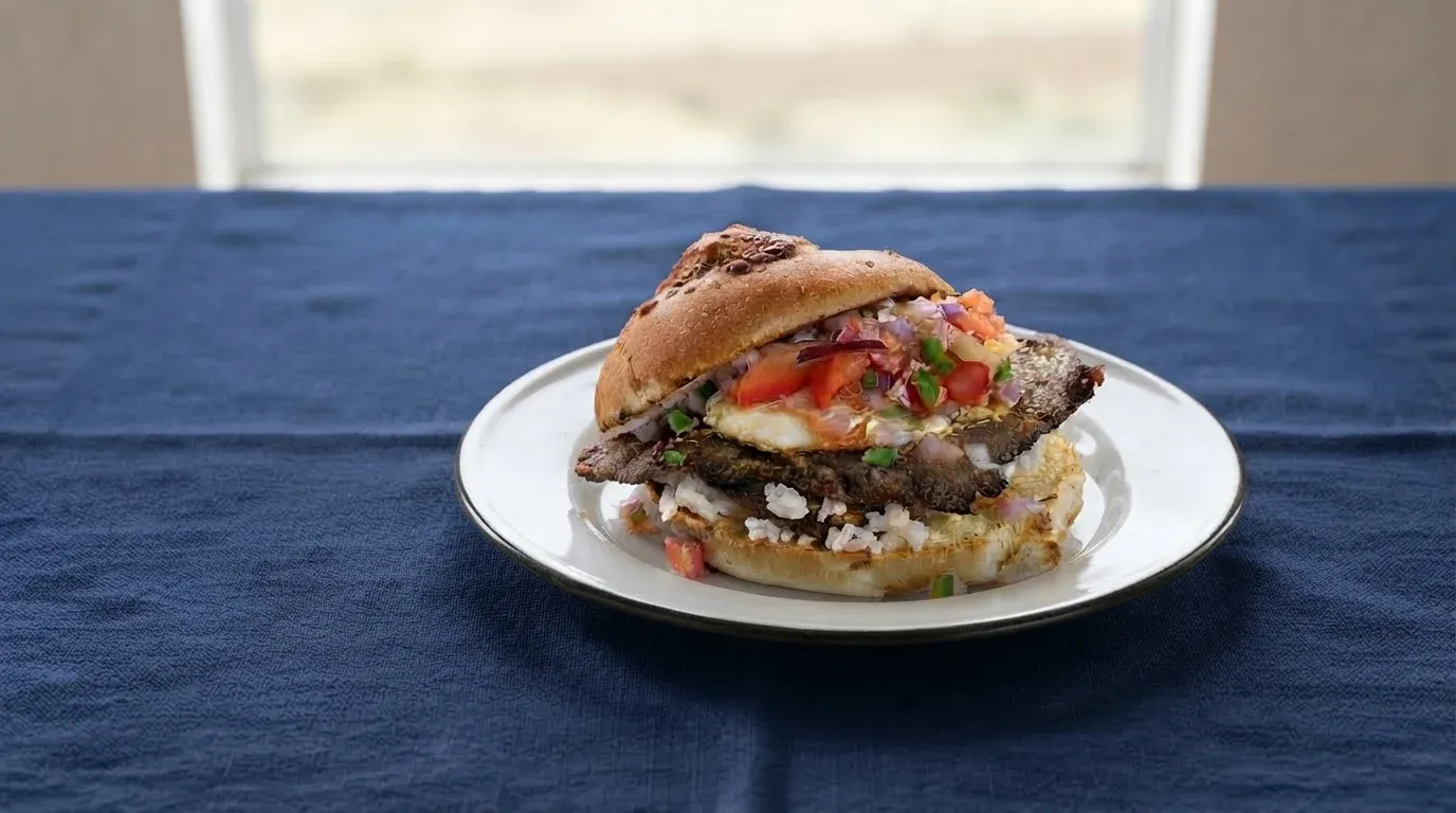 Trancapecho cochabambino, el tradicional sándwich boliviano con silpancho de carne, arroz, huevo frito, papas doradas y salsa k'allu.