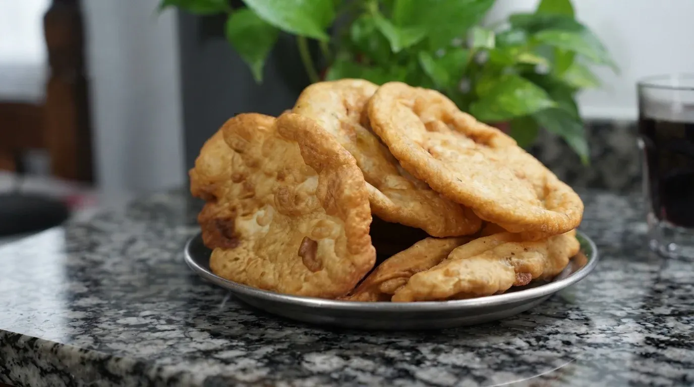 Tradicionales buñuelos bolivianos inflados y fritos espolvoreados con azúcar y acompañados de un vaso de api morado caliente