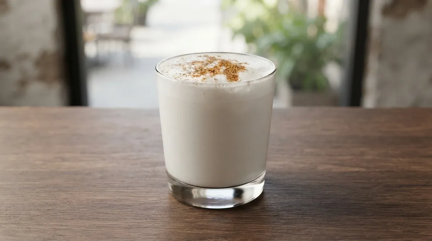 Vaso espumoso de ambrosia tradicional boliviana recién preparada.