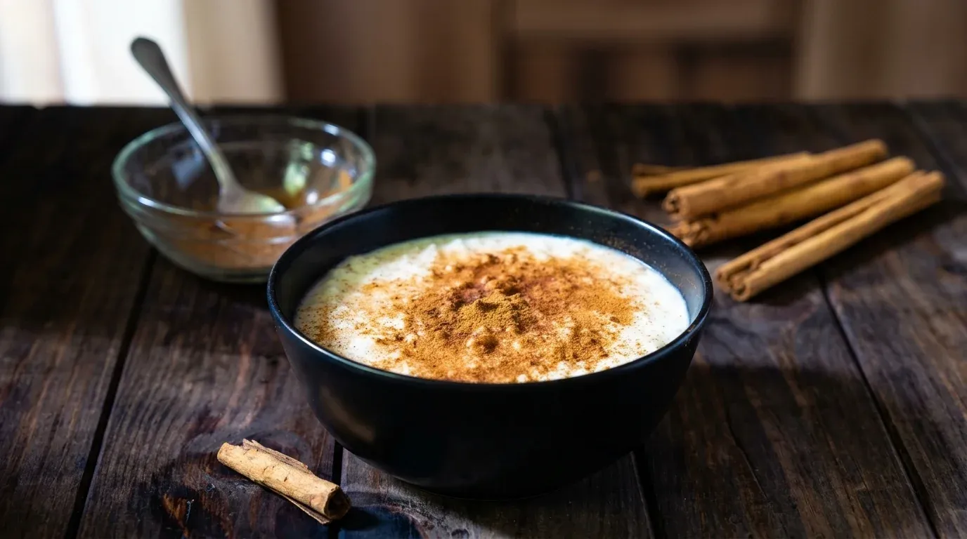 Porción cremosa de arroz con leche tradicional espolvoreada con canela en polvo.