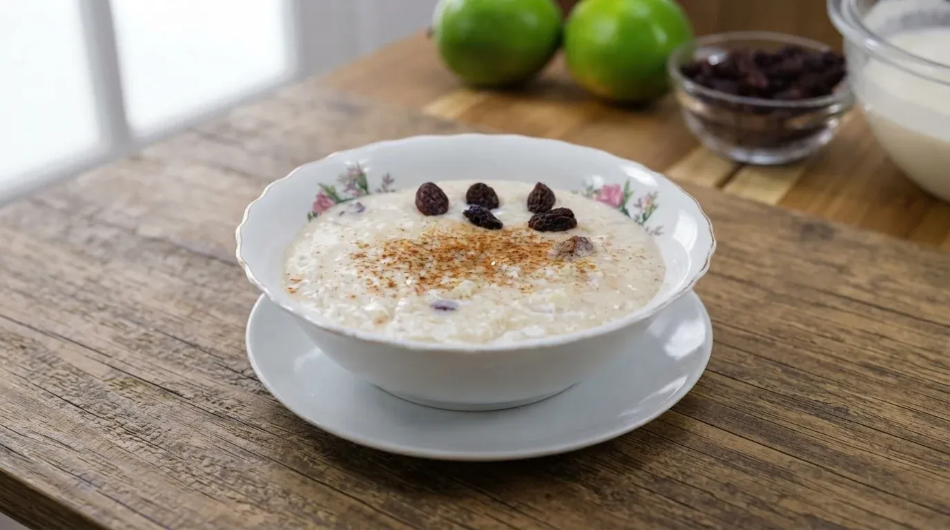 Postre casero de arroz con leche boliviano cremoso cocinado a fuego lento con canela, clavo de olor y cáscara de limón.
