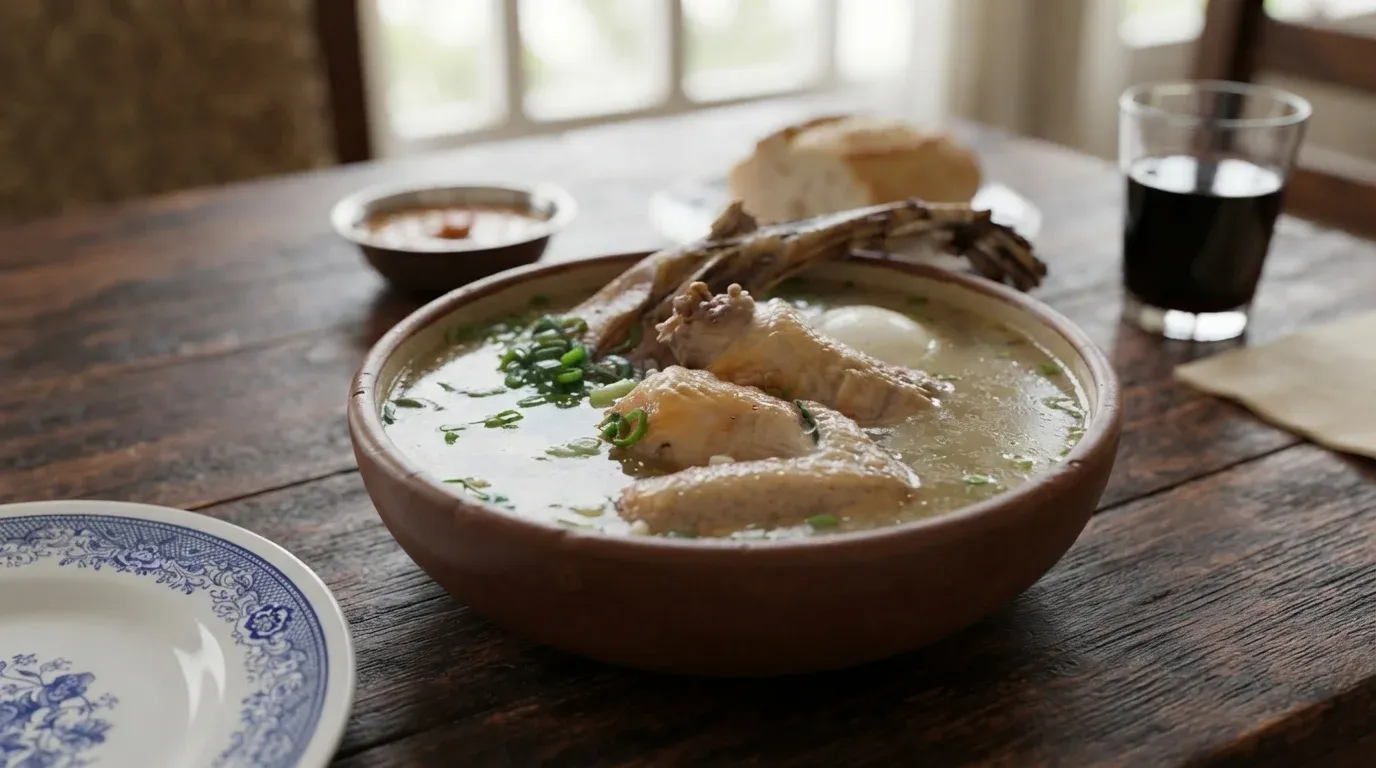 Receta de sopa concentrada de caldo de cardán con nervio de toro, pata de res, cordero, pollo, chuño y huevo.
