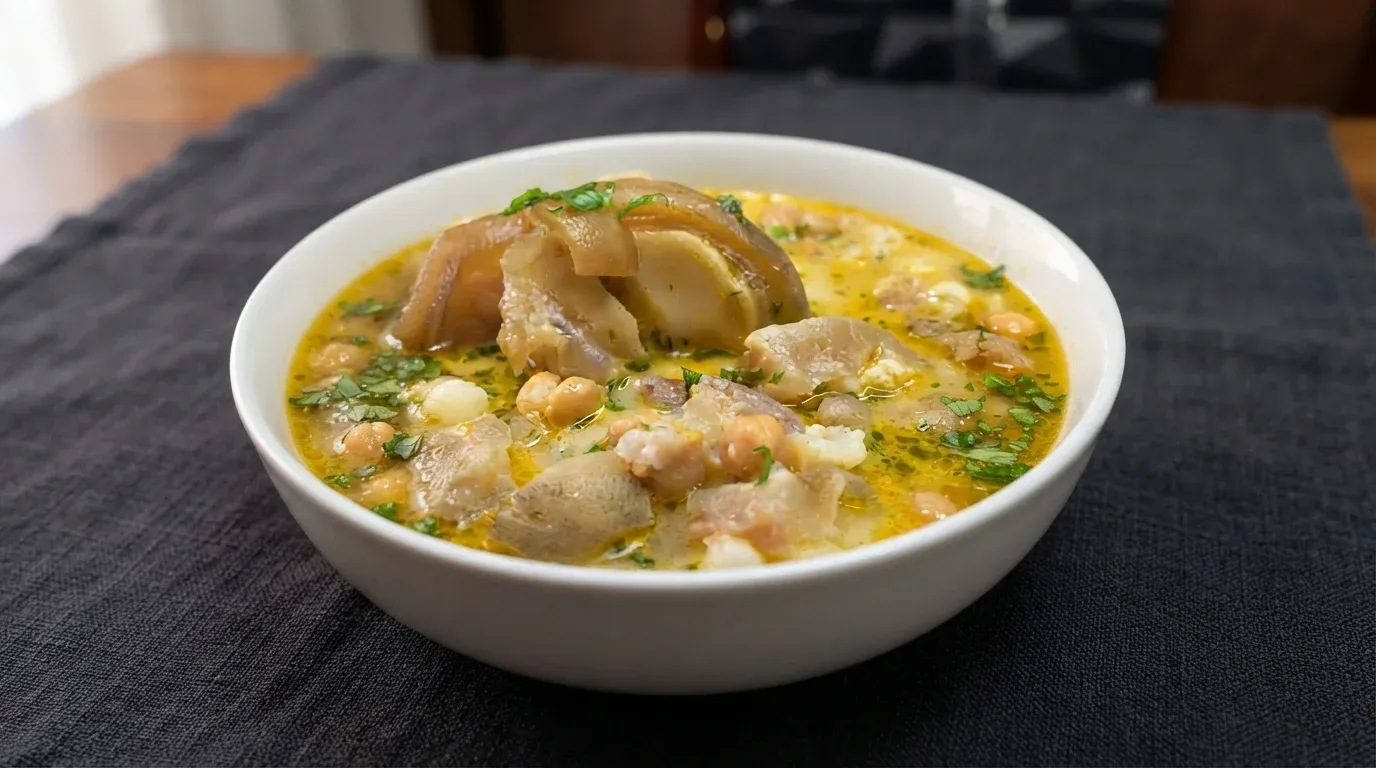 Receta de sopa nutritiva y concentrada de caldo de pata boliviano con mote de maíz, papas cocidas, cebollita verde y un toque de locoto.