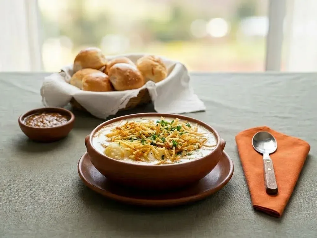 Receta tradicional de sopa de maní con pollo y fideo tostado, plato típico boliviano de Cochabamba.
