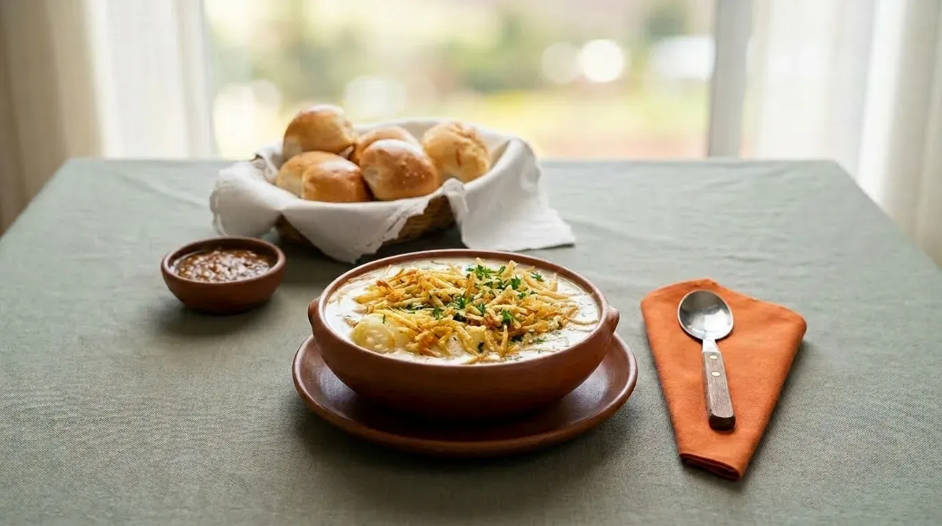 Receta tradicional de sopa de maní con pollo y fideo tostado, plato típico boliviano de Cochabamba.